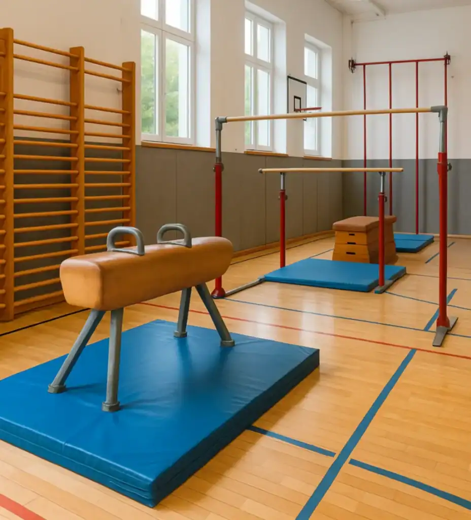 Innenraum einer Turnhalle mit Turngeräten, Matten und Holzboden
